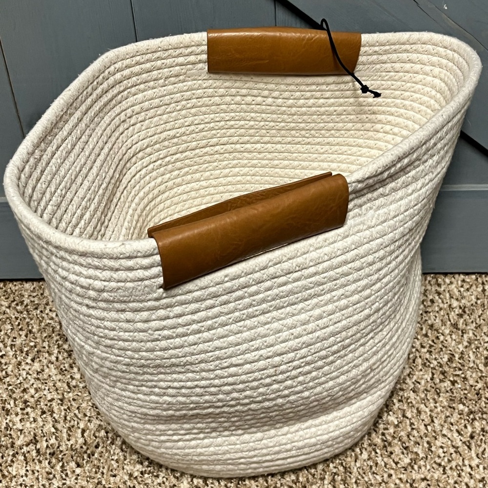 Stylish White and Brown Woven Storage Basket